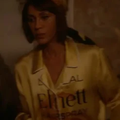 Lisa Todd Wexley wearing a silk shirt from And Just Like That – elegant women's blouse featuring smooth silk fabric, classic collar, and tailored fit.