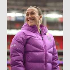England Lionesses Deaf National Football Team purple quilted puffer jacket worn on May 31, 2025 at St George’s Park – warm women's outerwear featuring a padded design, high collar, and team branding.