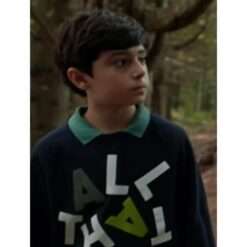 Léo Lacroix wearing the 'All That Jazz' sweatshirt from Rien Ne T’efface Season 1 – casual unisex sweatshirt featuring bold text print and a comfortable, relaxed fit.