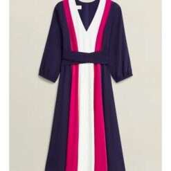 Women's tri-color striped dress – stylish sleeveless dress featuring bold horizontal stripes in three contrasting colors, with a fitted bodice and flared skirt.