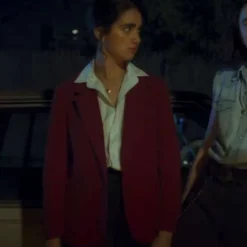 SEO Alt Text Geraldine Viswanathan Drive Away Dolls Red Blazer – Stylish Movie Inspired Red Blazer with Bold Fashion Design